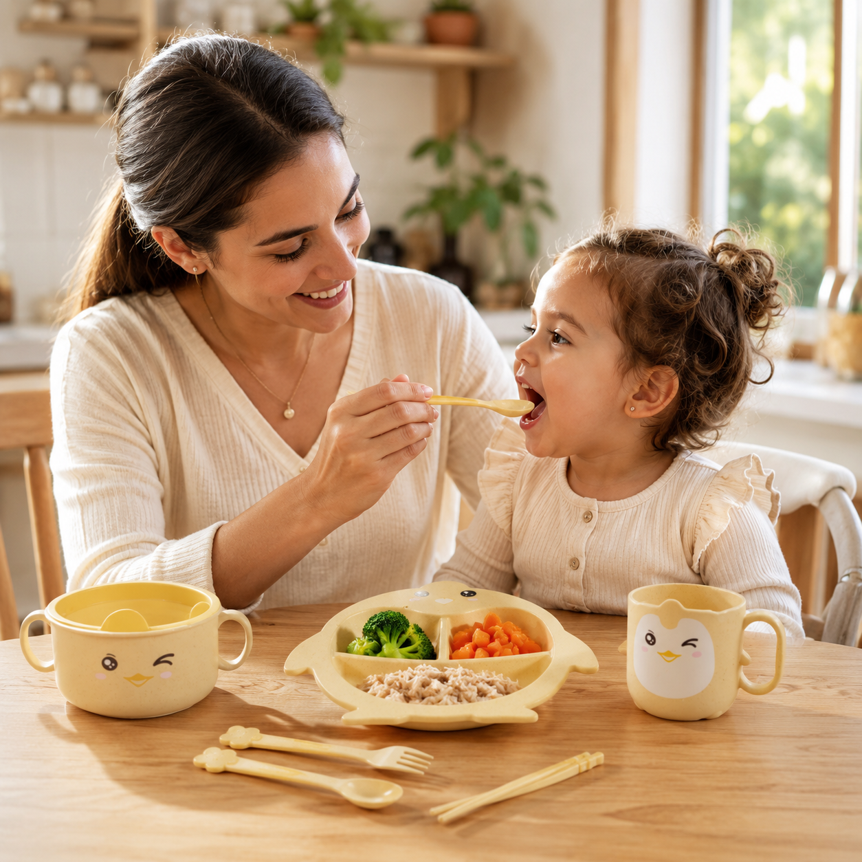 Set de Alimentación Infantil Pingüino de 5 Piezas con Plato Dividido, Bowl con Tapa, Taza y Cubiertos