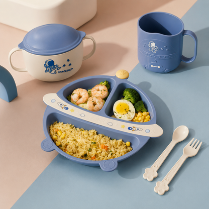 Set de Alimentación para Bebé 5 Piezas con Plato Dividido, Bowl, Taza y Cubiertos - Astronauta