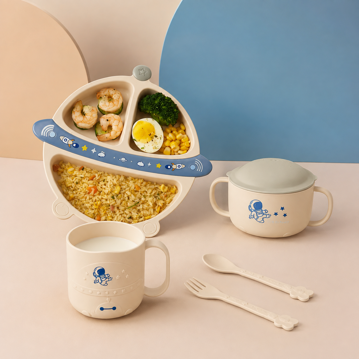 Set de Alimentación para Bebé 5 Piezas con Plato Dividido, Bowl, Taza y Cubiertos - Astronauta