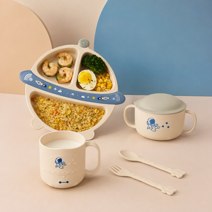 Set de Alimentación para Bebé 5 Piezas con Plato Dividido, Bowl, Taza y Cubiertos - Astronauta