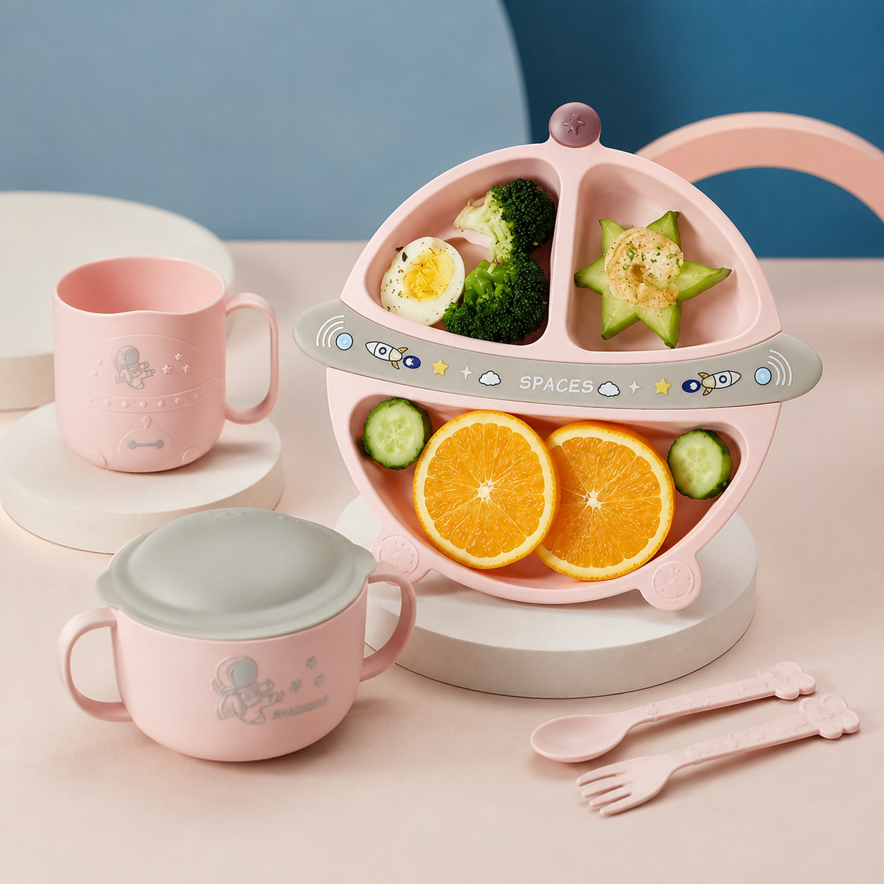 Set de Alimentación para Bebé 5 Piezas con Plato Dividido, Bowl, Taza y Cubiertos - Astronauta