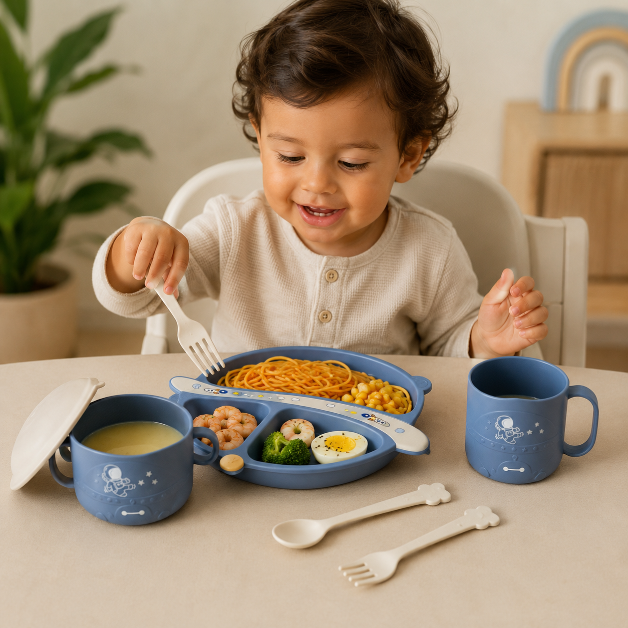 Set de Alimentación para Bebé 5 Piezas con Plato Dividido, Bowl, Taza y Cubiertos - Astronauta