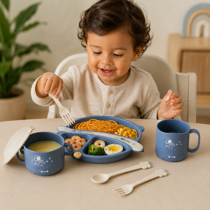 Set de Alimentación para Bebé 5 Piezas con Plato Dividido, Bowl, Taza y Cubiertos - Astronauta