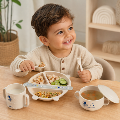 Set de Alimentación para Bebé 5 Piezas con Plato Dividido, Bowl, Taza y Cubiertos - Astronauta