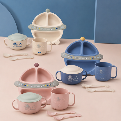 Set de Alimentación para Bebé 5 Piezas con Plato Dividido, Bowl, Taza y Cubiertos - Astronauta