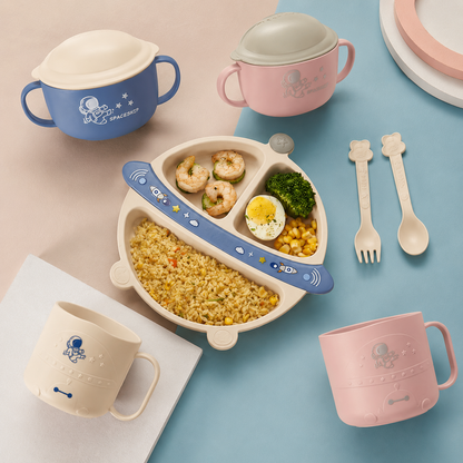 Set de Alimentación para Bebé 5 Piezas con Plato Dividido, Bowl, Taza y Cubiertos - Astronauta