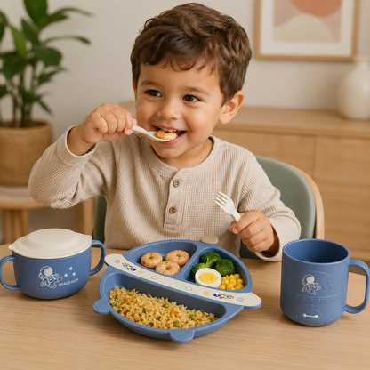 Set de Alimentación para Bebé 5 Piezas con Plato Dividido, Bowl, Taza y Cubiertos - Astronauta