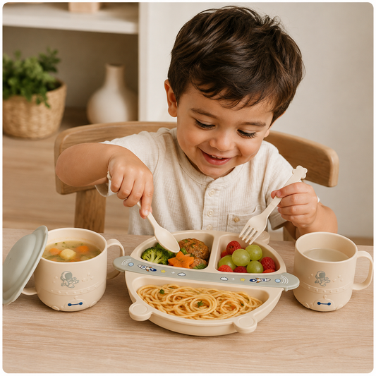 Set de Alimentación para Bebé 5 Piezas con Plato Dividido, Bowl, Taza y Cubiertos - Astronauta