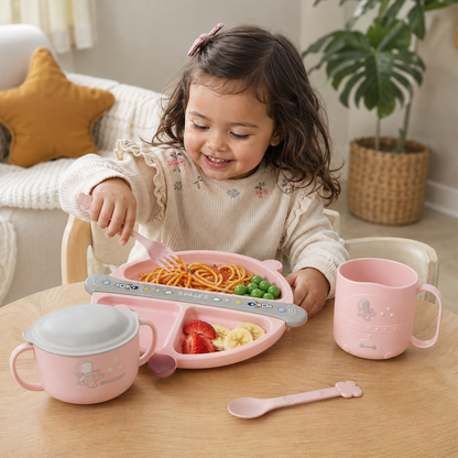 Set de Alimentación para Bebé 5 Piezas con Plato Dividido, Bowl, Taza y Cubiertos - Astronauta