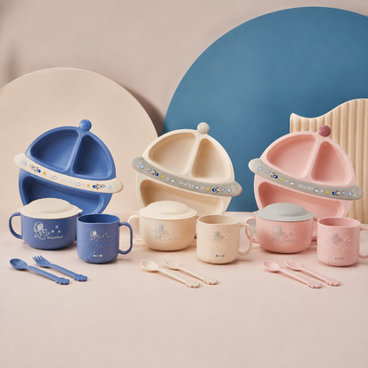Set de Alimentación para Bebé 5 Piezas con Plato Dividido, Bowl, Taza y Cubiertos - Astronauta