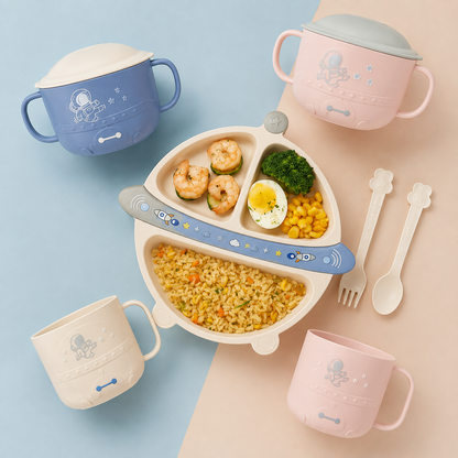 Set de Alimentación para Bebé 5 Piezas con Plato Dividido, Bowl, Taza y Cubiertos - Astronauta