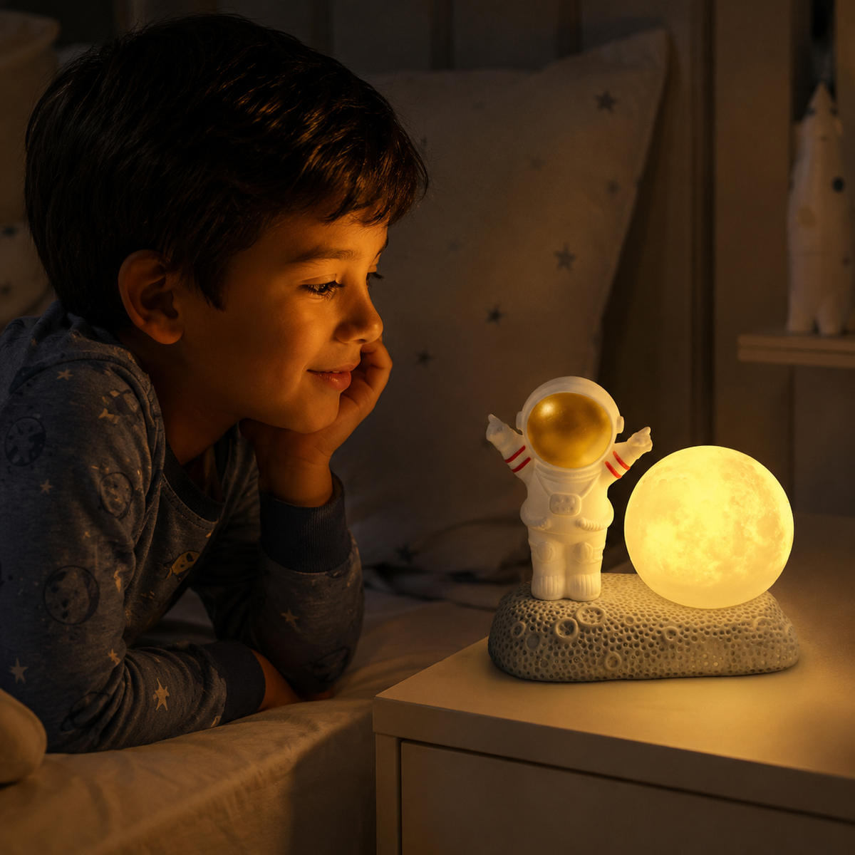 Lámpara Veladora Astronauta en Roca Lunar con Luz Cálida – Decoración Espacial