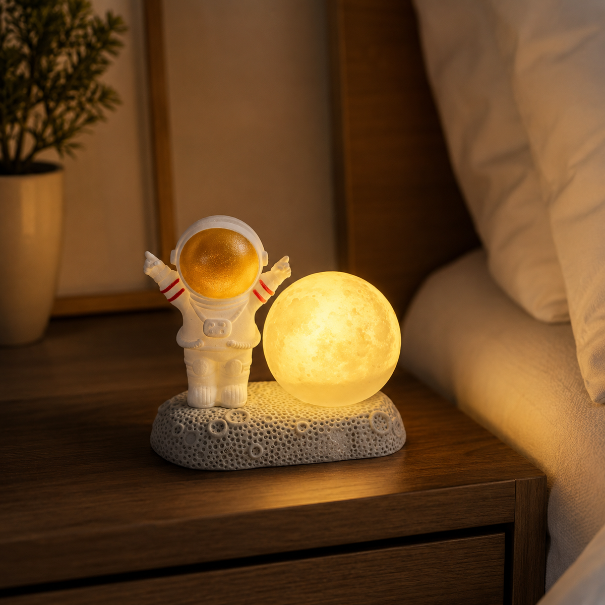 Lámpara Veladora Astronauta en Roca Lunar con Luz Cálida – Decoración Espacial