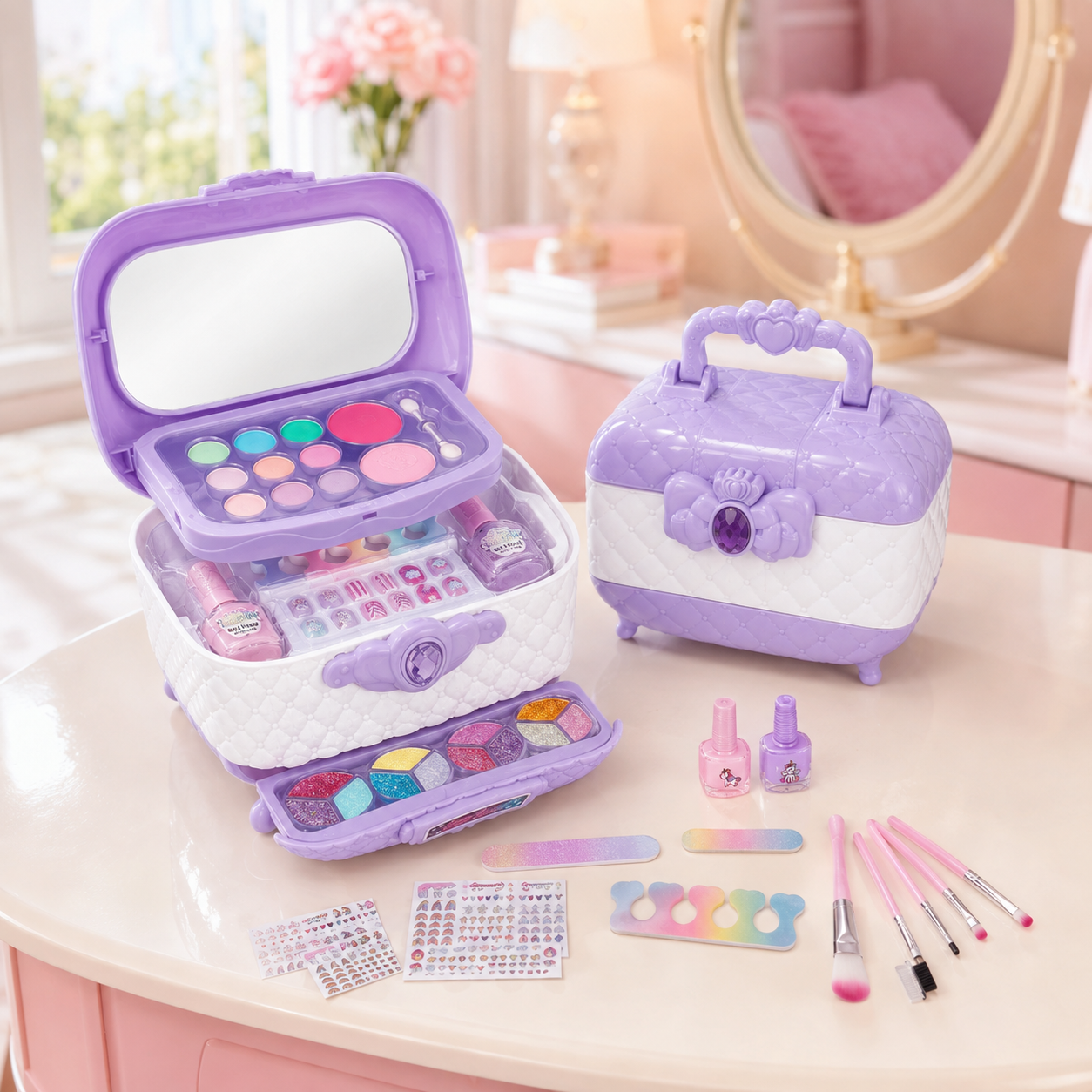Valija de Maquillaje Infantil 3 Compartimientos con Espejo, Sombras, Brillos, Esmaltes y Accesorios