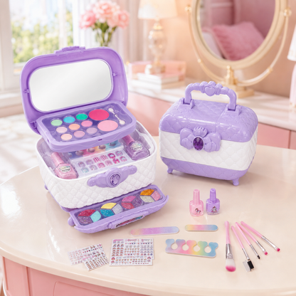 Valija de Maquillaje Infantil 3 Compartimientos con Espejo, Sombras, Brillos, Esmaltes y Accesorios