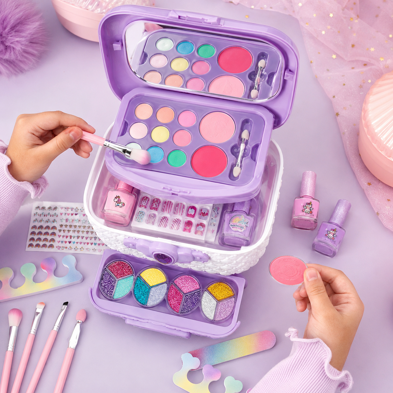 Valija de Maquillaje Infantil 3 Compartimientos con Espejo, Sombras, Brillos, Esmaltes y Accesorios