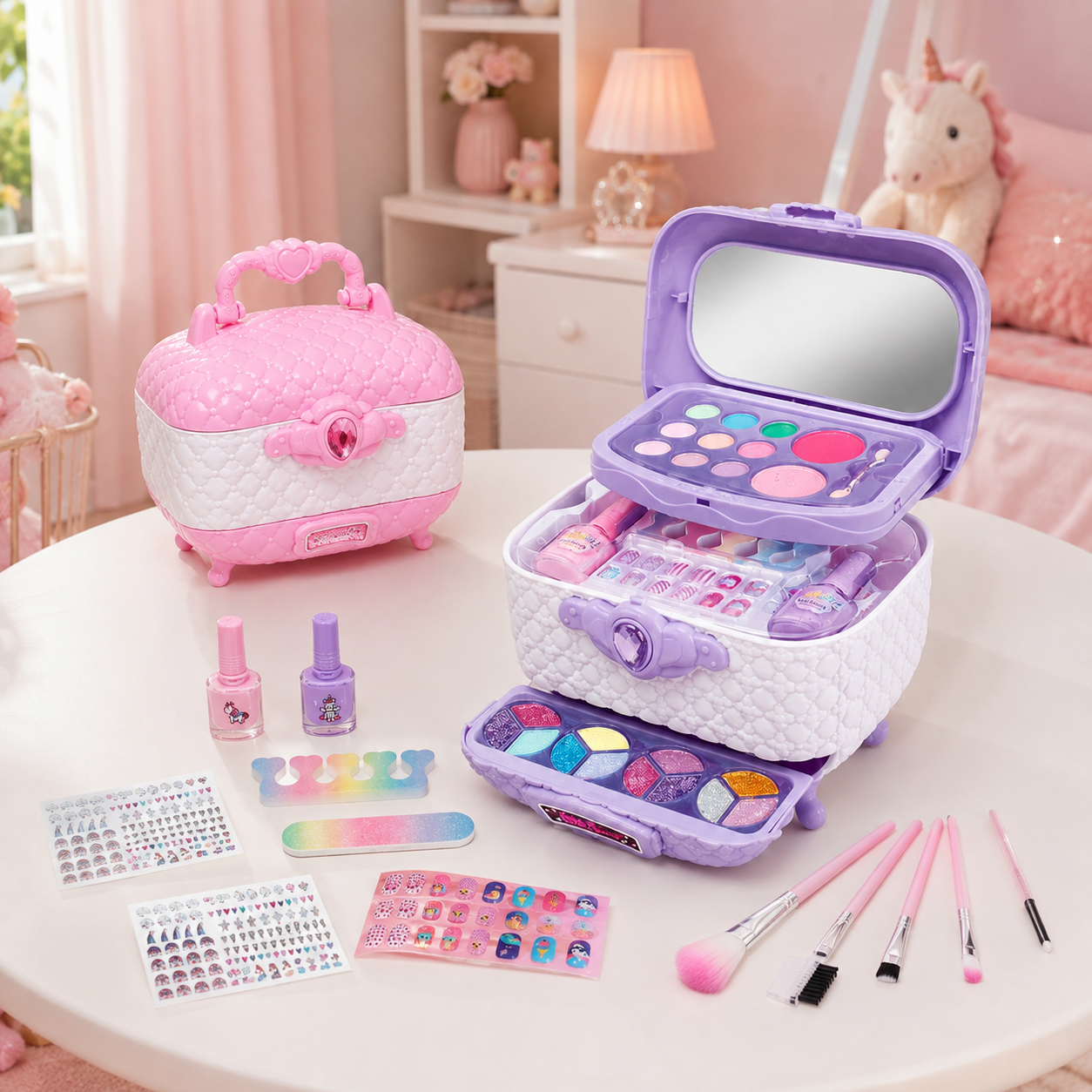 Valija de Maquillaje Infantil 3 Compartimientos con Espejo, Sombras, Brillos, Esmaltes y Accesorios