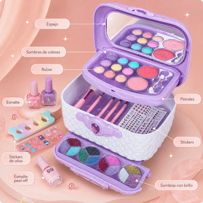 Valija de Maquillaje Infantil 3 Compartimientos con Espejo, Sombras, Brillos, Esmaltes y Accesorios
