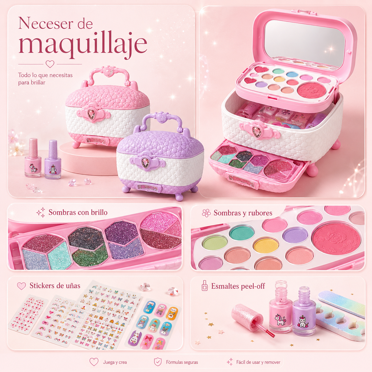 Valija de Maquillaje Infantil 3 Compartimientos con Espejo, Sombras, Brillos, Esmaltes y Accesorios