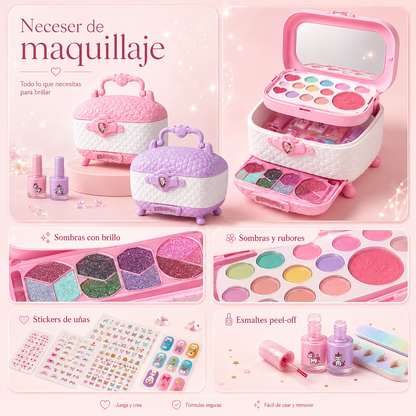 Valija de Maquillaje Infantil 3 Compartimientos con Espejo, Sombras, Brillos, Esmaltes y Accesorios