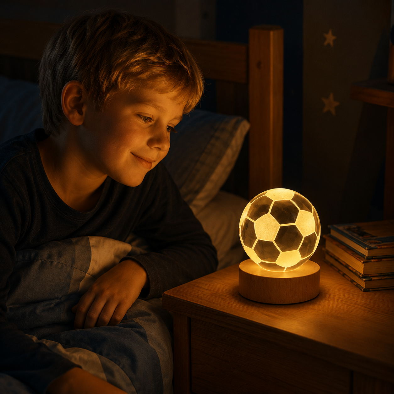 Lámpara de cristal diseño 3D con base de madera - Pelota de fútbol ⚽