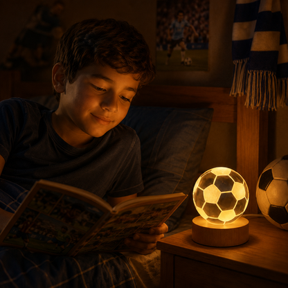 Lámpara de cristal diseño 3D con base de madera - Pelota de fútbol ⚽