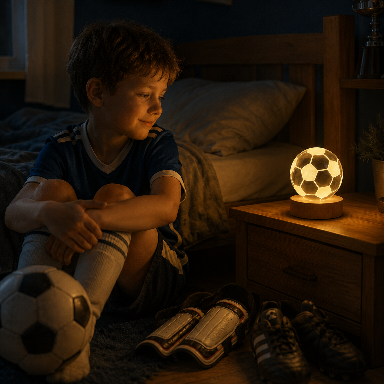 Lámpara de cristal diseño 3D con base de madera - Pelota de fútbol ⚽