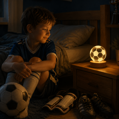 Lámpara de cristal diseño 3D con base de madera - Pelota de fútbol ⚽
