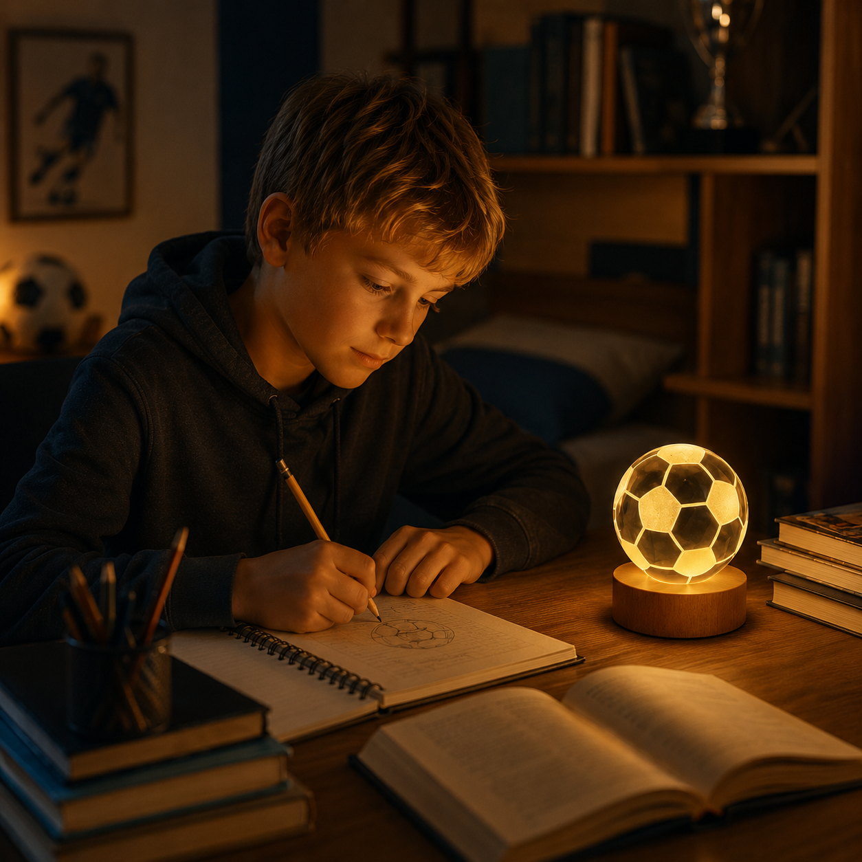 Lámpara de cristal diseño 3D con base de madera - Pelota de fútbol ⚽