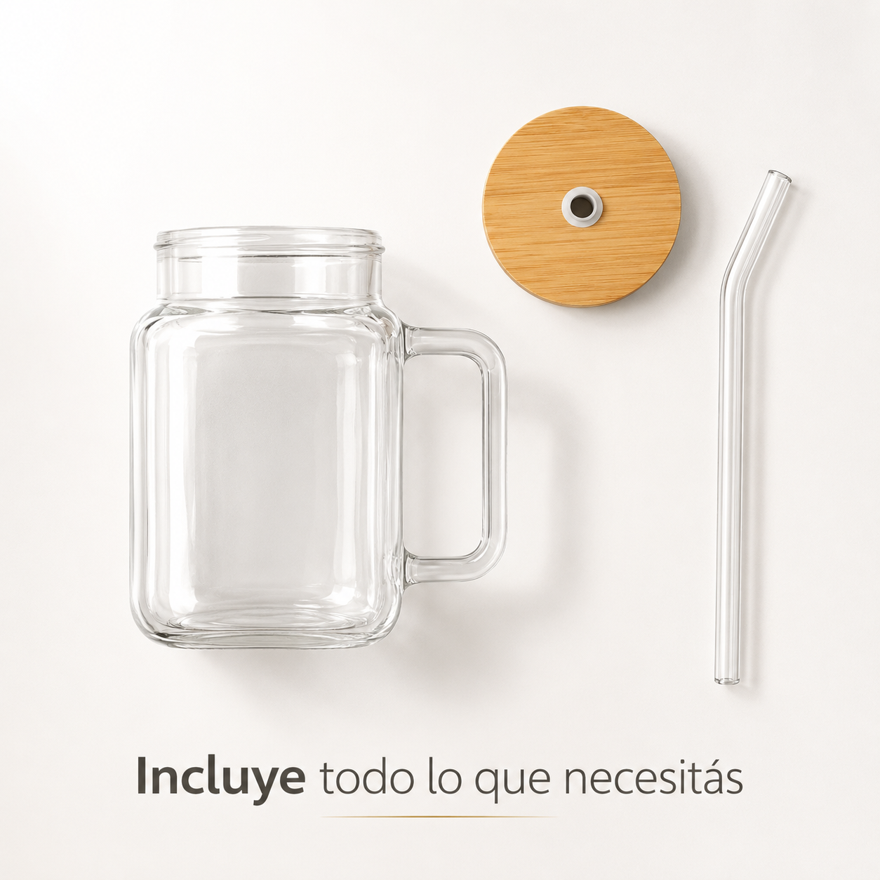 Set de jarras de vidrio con tapa de bambú y sorbito reutilizable – x4 unidades de 620 ml