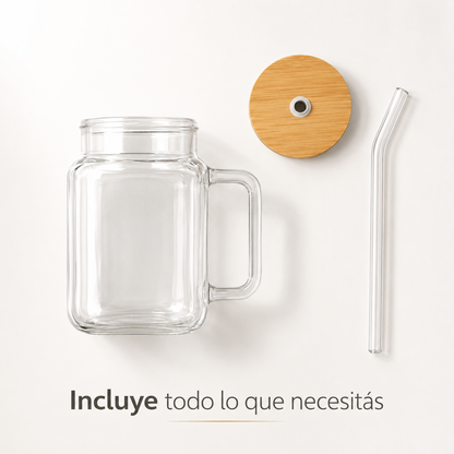 Set de jarras de vidrio con tapa de bambú y sorbito reutilizable – x4 unidades de 620 ml