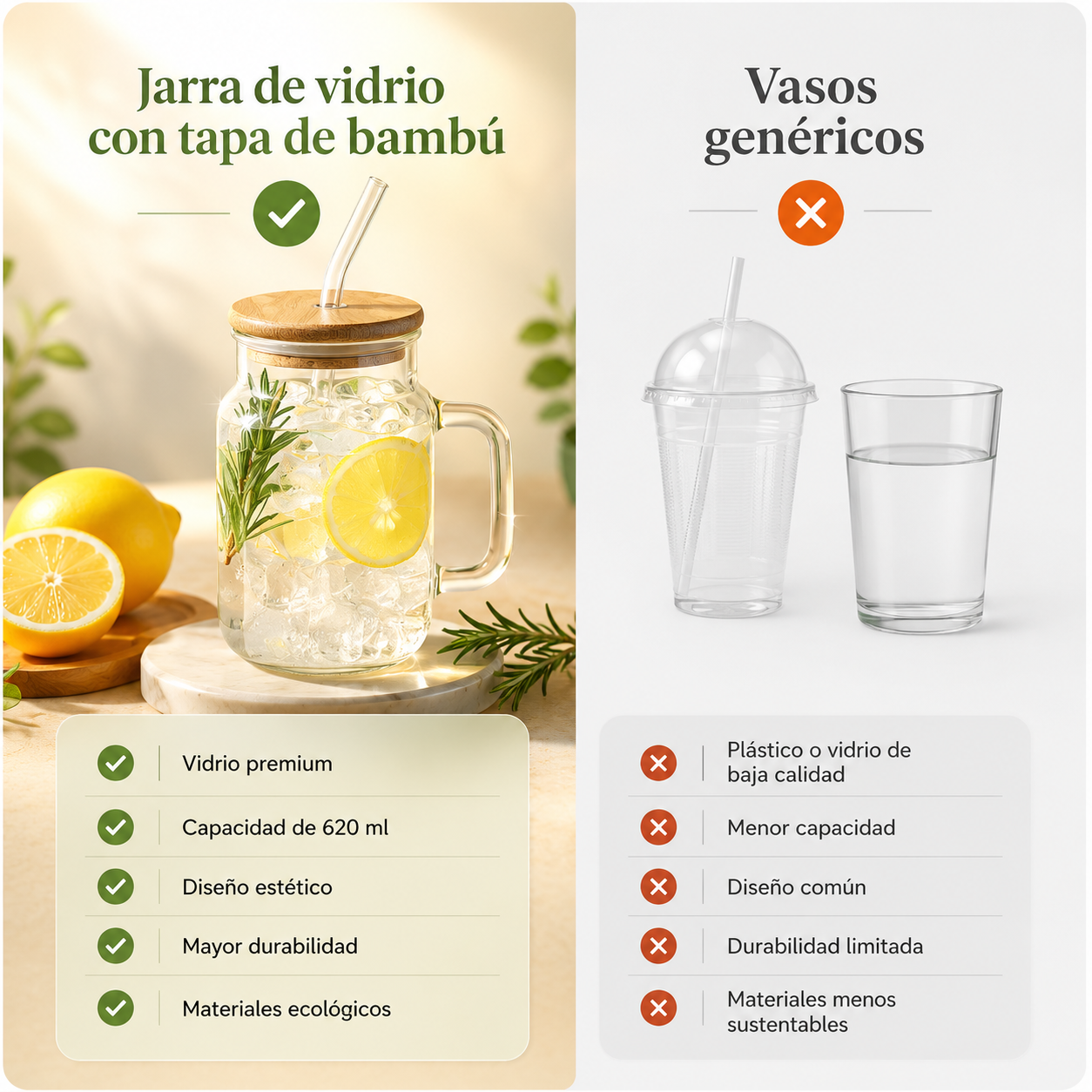 Set de jarras de vidrio con tapa de bambú y sorbito reutilizable – x4 unidades de 620 ml