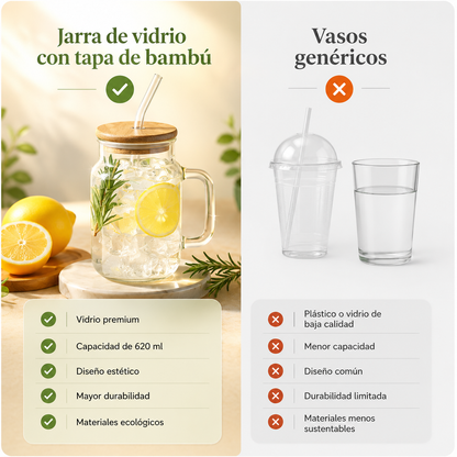 Set de jarras de vidrio con tapa de bambú y sorbito reutilizable – x4 unidades de 620 ml