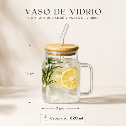 Set de jarras de vidrio con tapa de bambú y sorbito reutilizable – x4 unidades de 620 ml