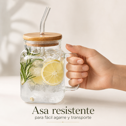 Set de jarras de vidrio con tapa de bambú y sorbito reutilizable – x4 unidades de 620 ml