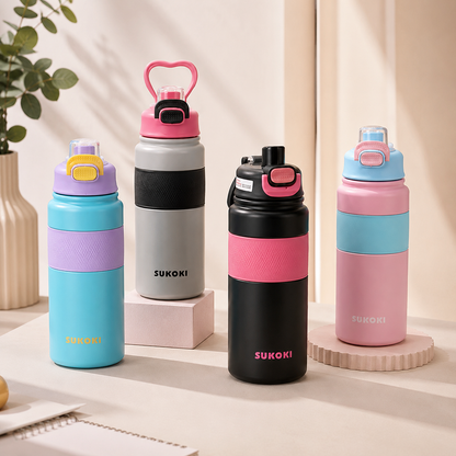 Botella térmica de acero inoxidable 800 ml SUKOKI 🌈 Diseño pastel, tapa a presión y temperatura perfecta por horas