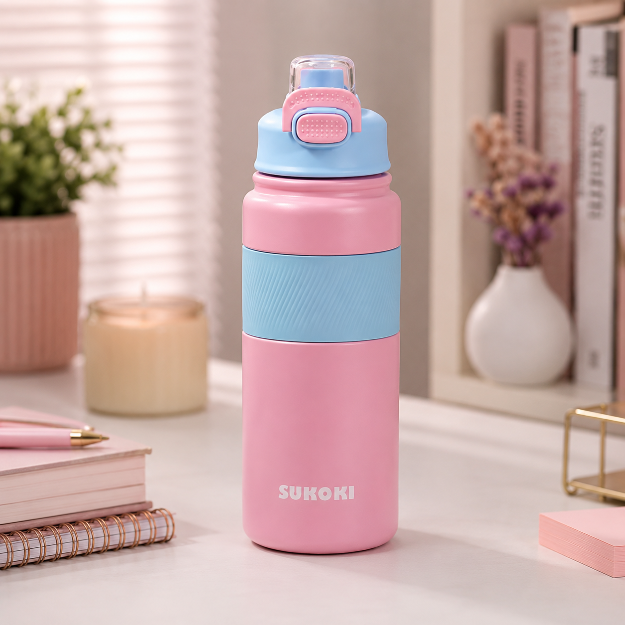 Botella térmica de acero inoxidable 800 ml SUKOKI 🌈 Diseño pastel, tapa a presión y temperatura perfecta por horas