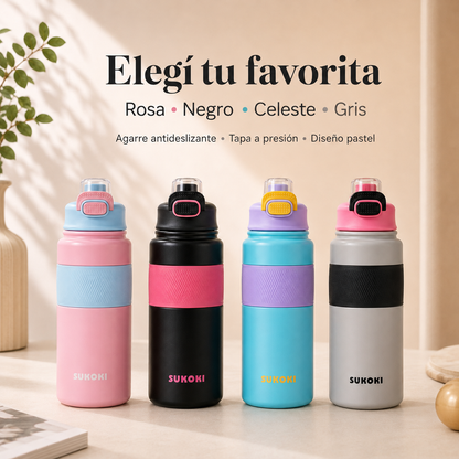 Botella térmica de acero inoxidable 800 ml SUKOKI 🌈 Diseño pastel, tapa a presión y temperatura perfecta por horas