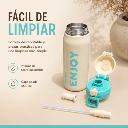 Botella térmica de acero inoxidable ENJOY 💧- 500 ml con sorbito, manija y diseño que inspira a disfrutar💧