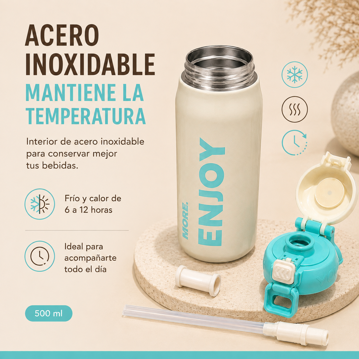 Botella térmica de acero inoxidable ENJOY 💧- 500 ml con sorbito, manija y diseño que inspira a disfrutar💧