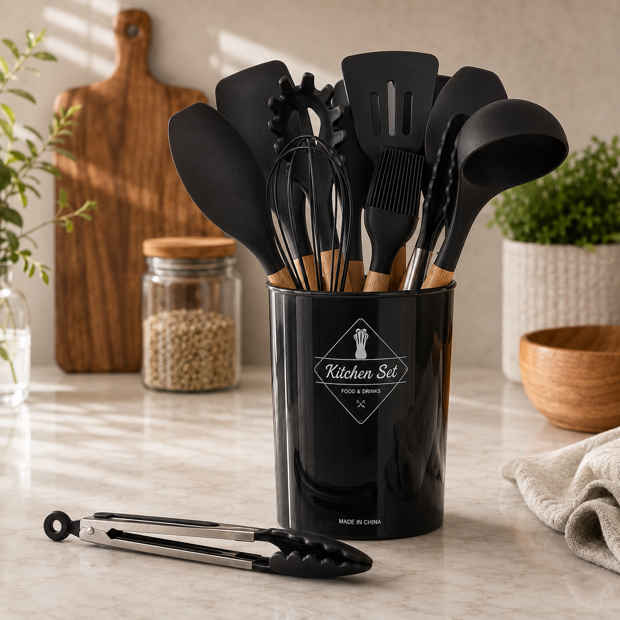 Set de Utensilios de Cocina 12 Piezas de Polipropileno con Mango de Madera