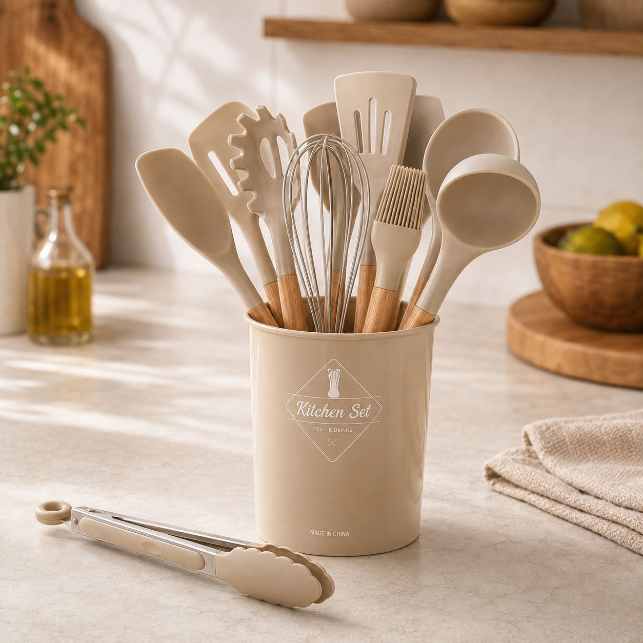Set de Utensilios de Cocina 12 Piezas de Polipropileno con Mango de Madera