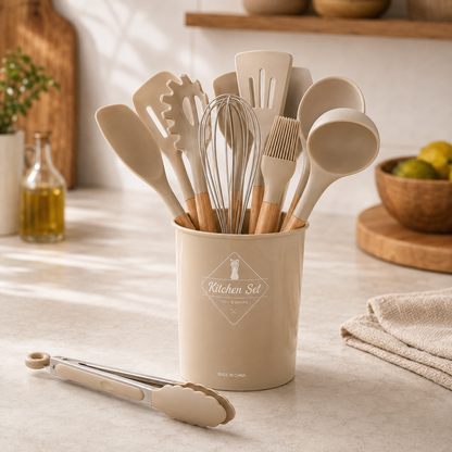 Set de Utensilios de Cocina 12 Piezas de Polipropileno con Mango de Madera