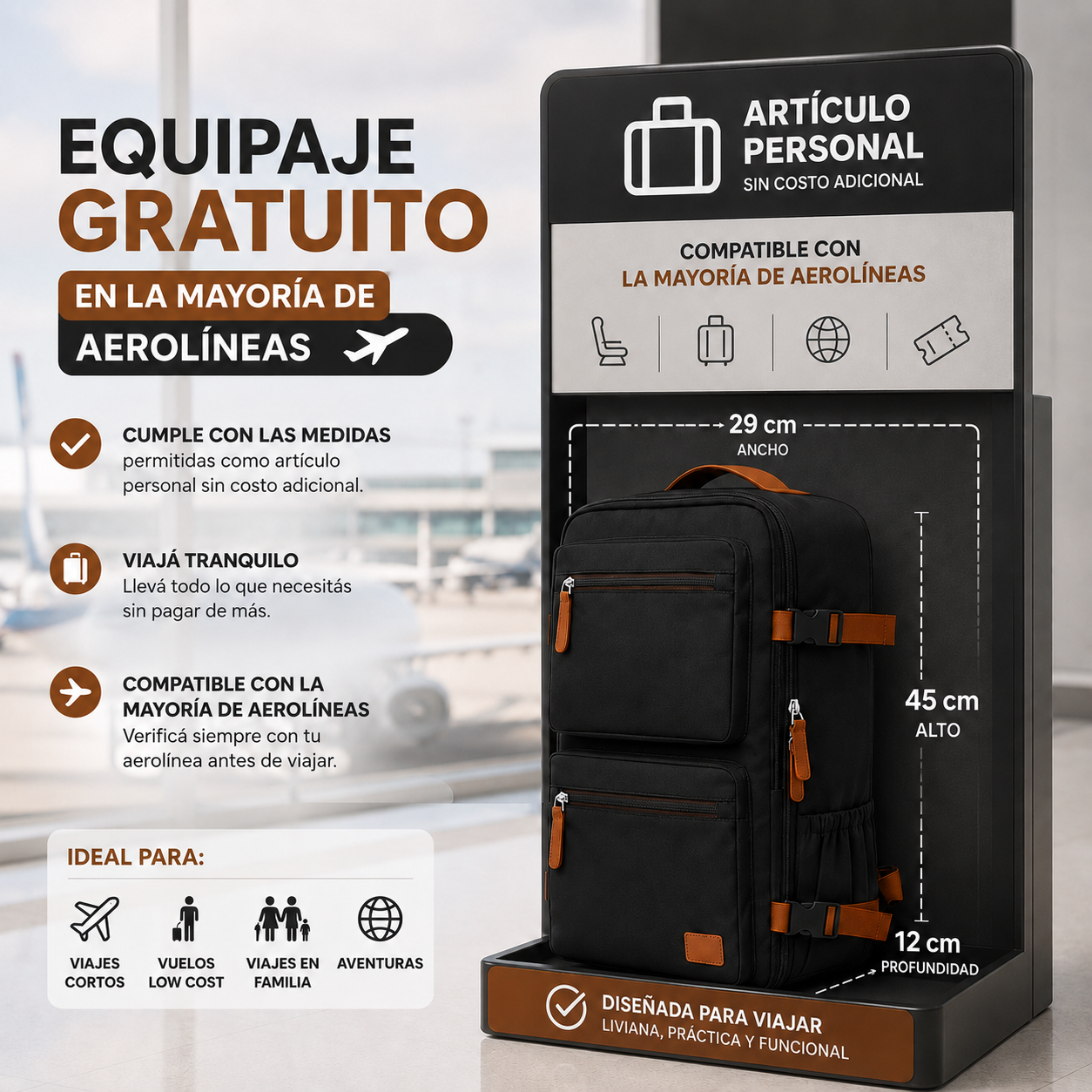 Mochila de viaje impermeable - 4 compartimentos apertura 180°
