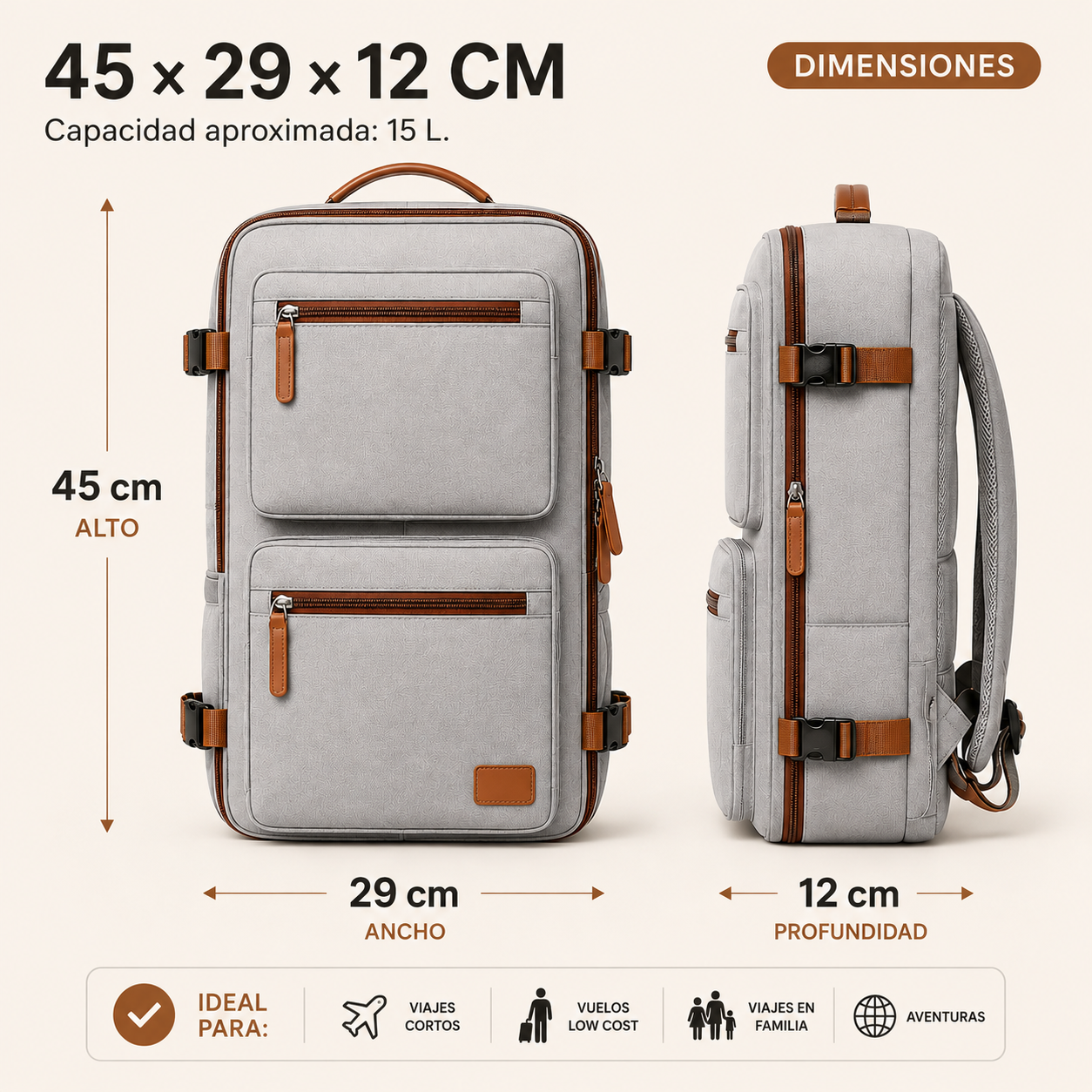 Mochila de viaje impermeable - 4 compartimentos apertura 180°