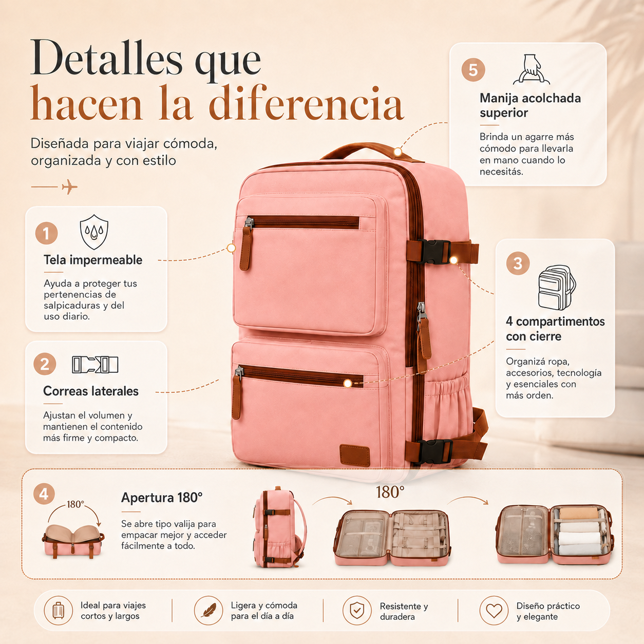 Mochila de viaje impermeable - 4 compartimentos apertura 180°