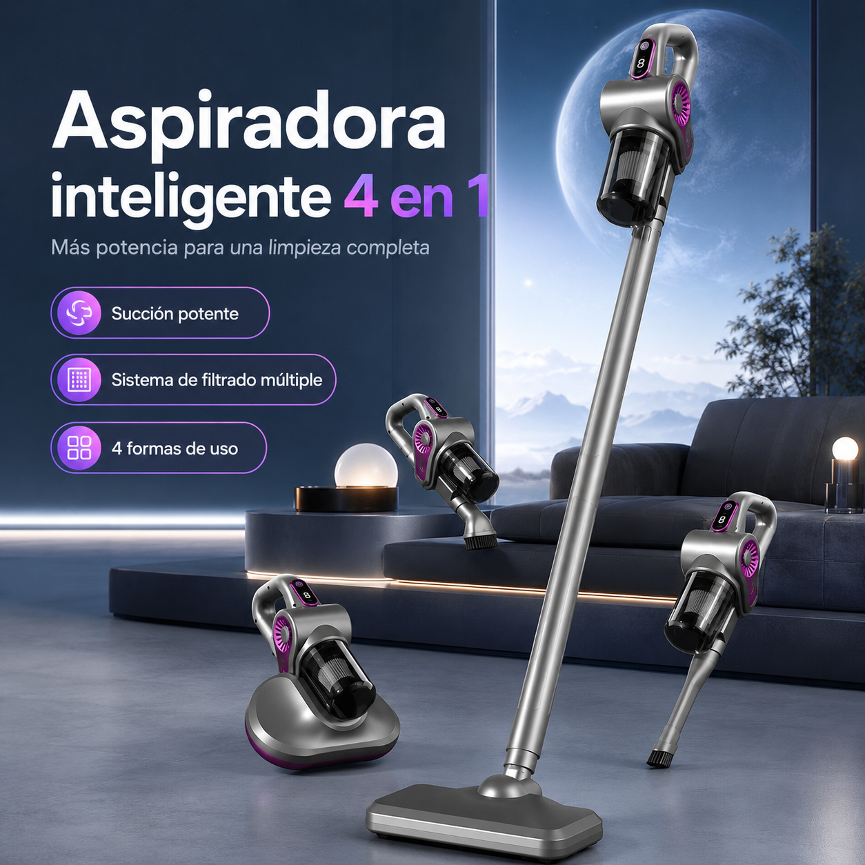 Aspiradora Inalámbrica 4 en 1 con Mopa y Luz UV