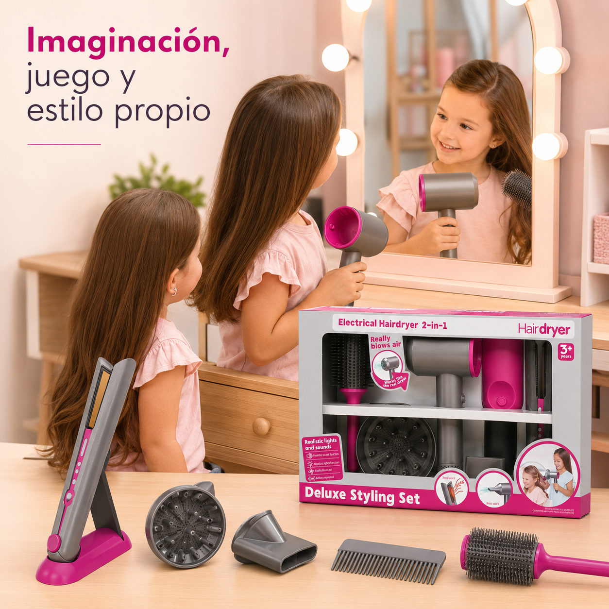 Set de Peluquería Infantil con Secador que Tira Aire, Luz, Sonido y Planchita