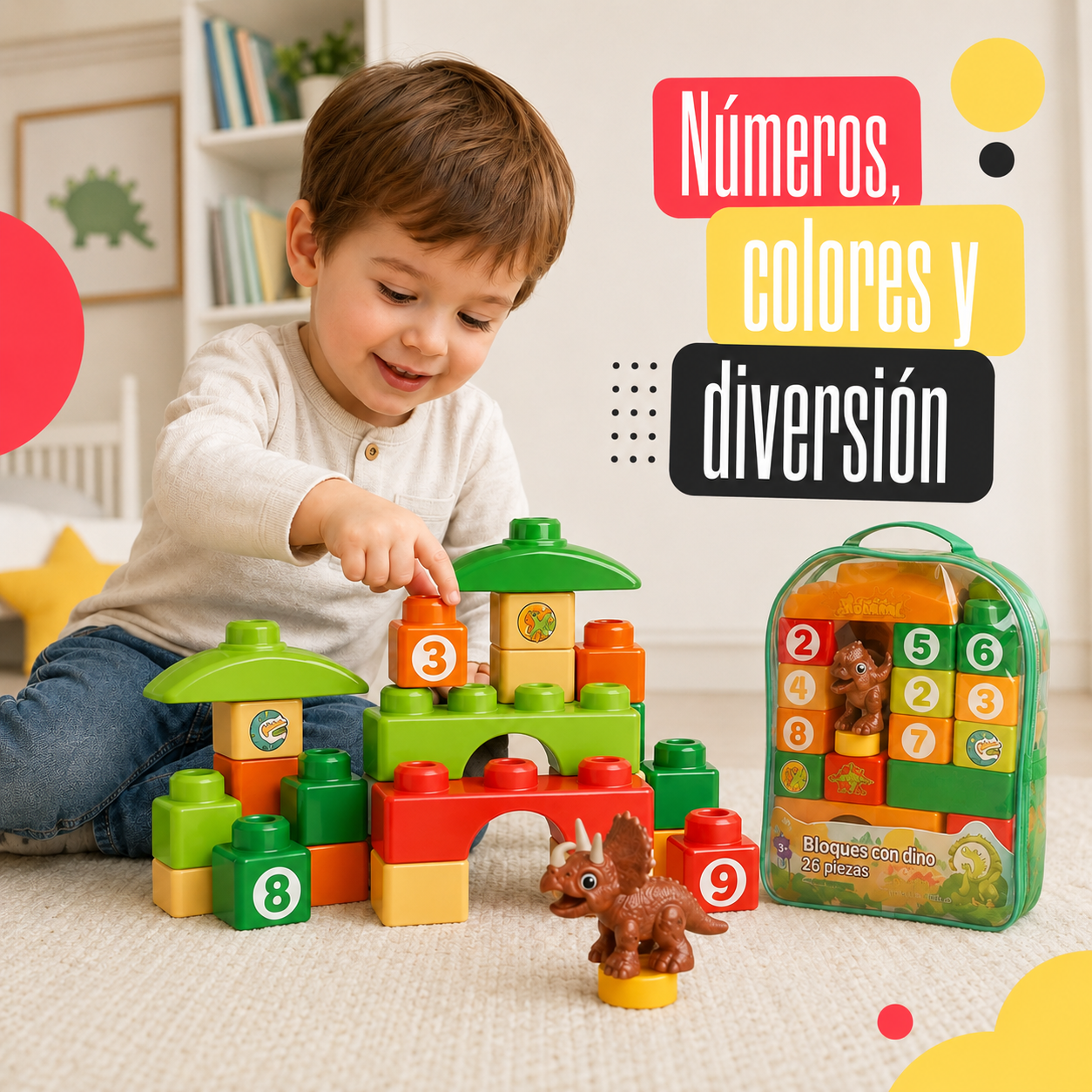 Bloques de Construcción con Dinosaurio – Set Infantil de 26 Piezas con Mochila