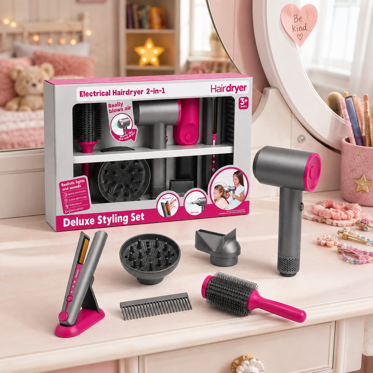 Set de Peluquería Infantil con Secador que Tira Aire, Luz, Sonido y Planchita